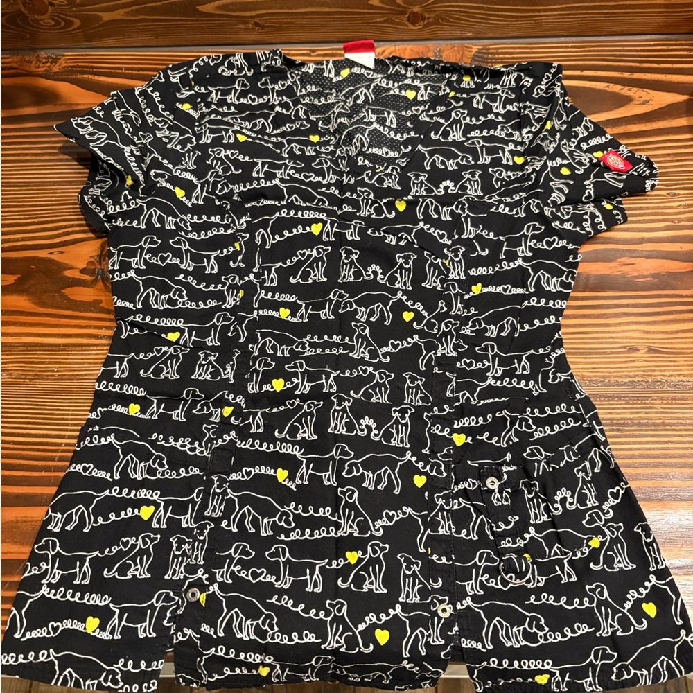 Dickies Black and Yellow Dog Print Women's scrub top
